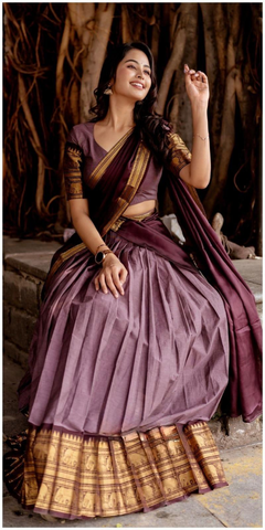 Dark Mauve with Maroon Kanchi Cotton Paavadai Dhavani- PREORDER