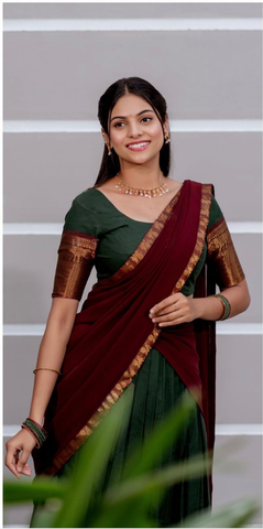 Dark Green with Maroon Kanchi Cotton Paavadai Dhavani- PREORDER