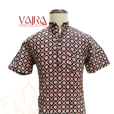 Short Kurta - Cotton Flower Black - Red [046]