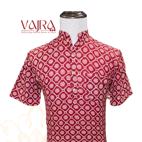 Short Kurta - Cotton Red Square Flower [061]