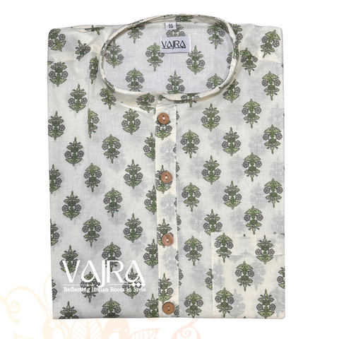 Short Kurta - Cotton White Floral Motif [066] [L]