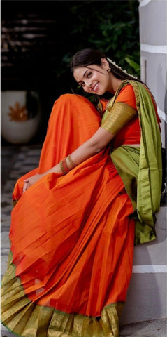 Fanta Orange with Pista Green Kanchi Cotton Paavadai Dhavani- PREORDER