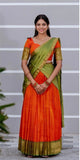 Fanta Orange with Pista Green Kanchi Cotton Paavadai Dhavani- PREORDER