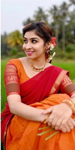 Classic Orange and Red Kanchi Cotton Paavadai Dhavani- PREORDER