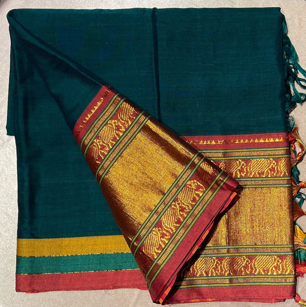 Narayanpet Pure cotton Silk saree with Running blouse (Tri Peacock Border) Big  border